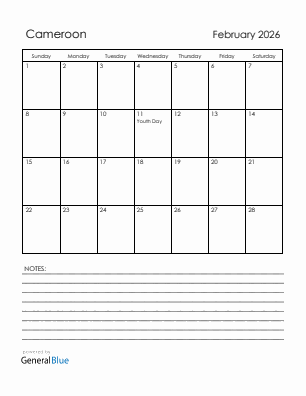 Current month calendar with Cameroon holidays for February 2026