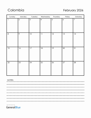 Current month calendar with Colombia holidays for February 2026