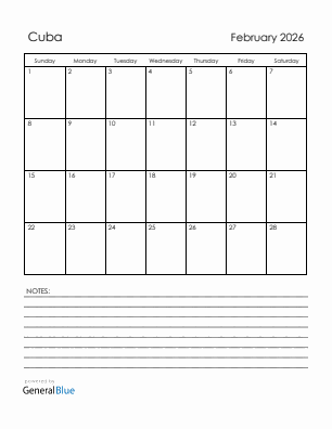 Current month calendar with Cuba holidays for February 2026