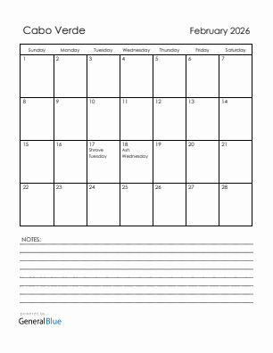 Current month calendar with Cabo Verde holidays for February 2026