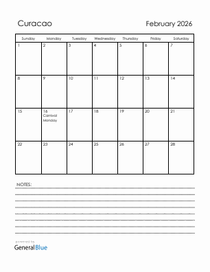 Current month calendar with Curacao holidays for February 2026