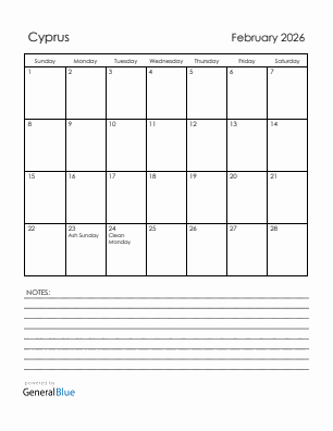 Current month calendar with Cyprus holidays for February 2026