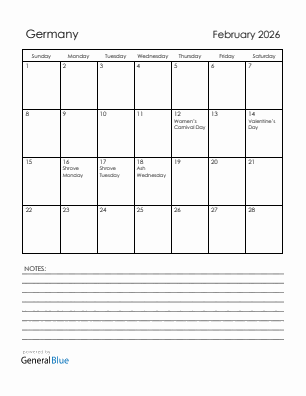 Current month calendar with Germany holidays for February 2026