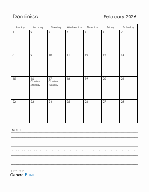 Current month calendar with Dominica holidays for February 2026