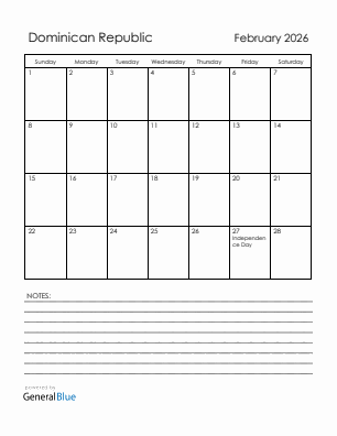Current month calendar with Dominican Republic holidays for February 2026