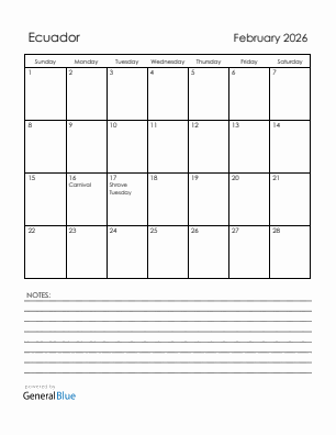 Current month calendar with Ecuador holidays for February 2026