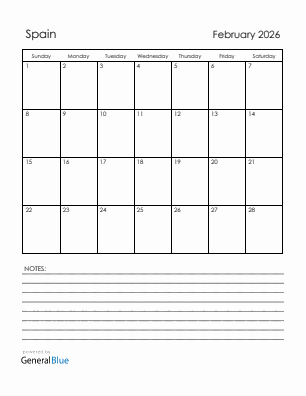 Current month calendar with Spain holidays for February 2026