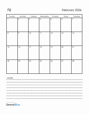Current month calendar with Fiji holidays for February 2026