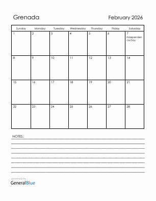 Current month calendar with Grenada holidays for February 2026