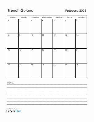 Current month calendar with French Guiana holidays for February 2026