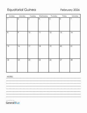 Current month calendar with Equatorial Guinea holidays for February 2026