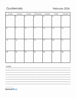Current month calendar with Guatemala holidays for February 2026