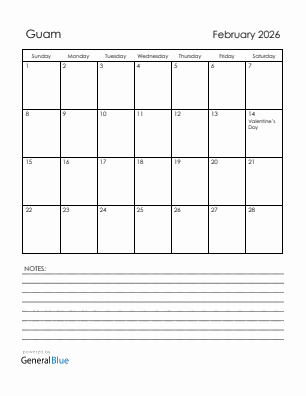 Current month calendar with Guam holidays for February 2026