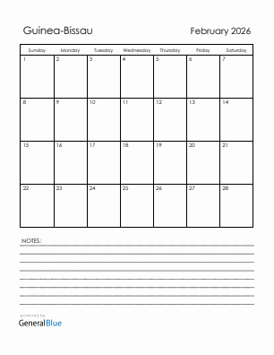 Current month calendar with Guinea-Bissau holidays for February 2026