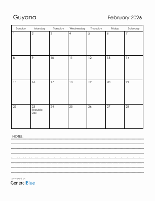 Current month calendar with Guyana holidays for February 2026