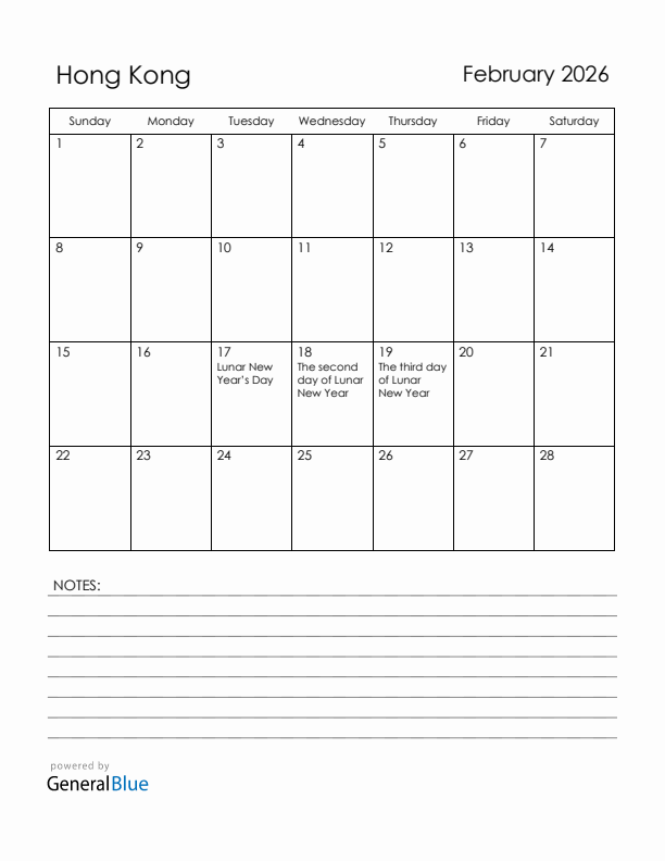 February 2026 Hong Kong Calendar with Holidays (Sunday Start)