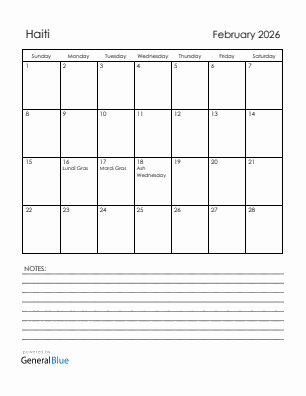 Current month calendar with Haiti holidays for February 2026