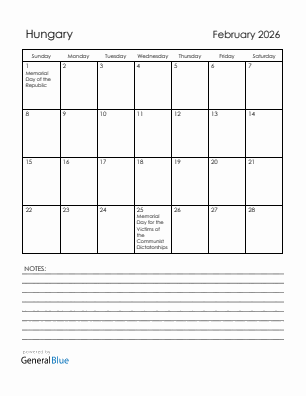 Current month calendar with Hungary holidays for February 2026