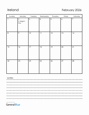 Current month calendar with Ireland holidays for February 2026