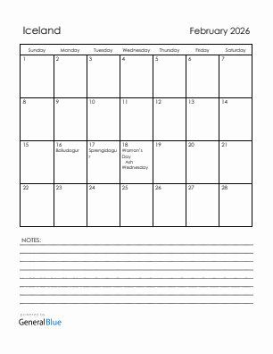 Current month calendar with Iceland holidays for February 2026