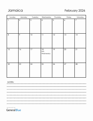 Current month calendar with Jamaica holidays for February 2026