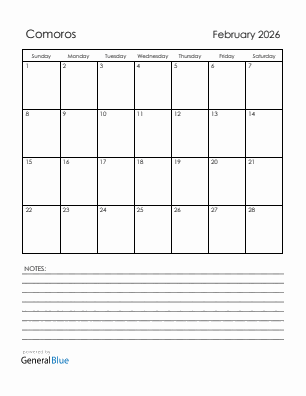 Current month calendar with Comoros holidays for February 2026