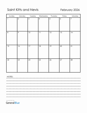 Current month calendar with Saint Kitts and Nevis holidays for February 2026