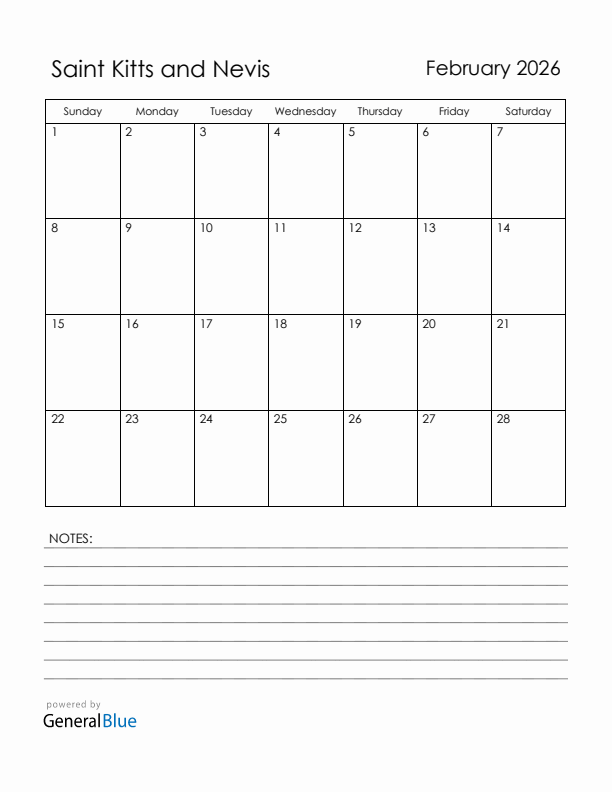 February 2026 Saint Kitts and Nevis Calendar with Holidays (Sunday Start)