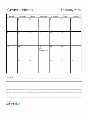Current month calendar with Cayman Islands holidays for February 2026