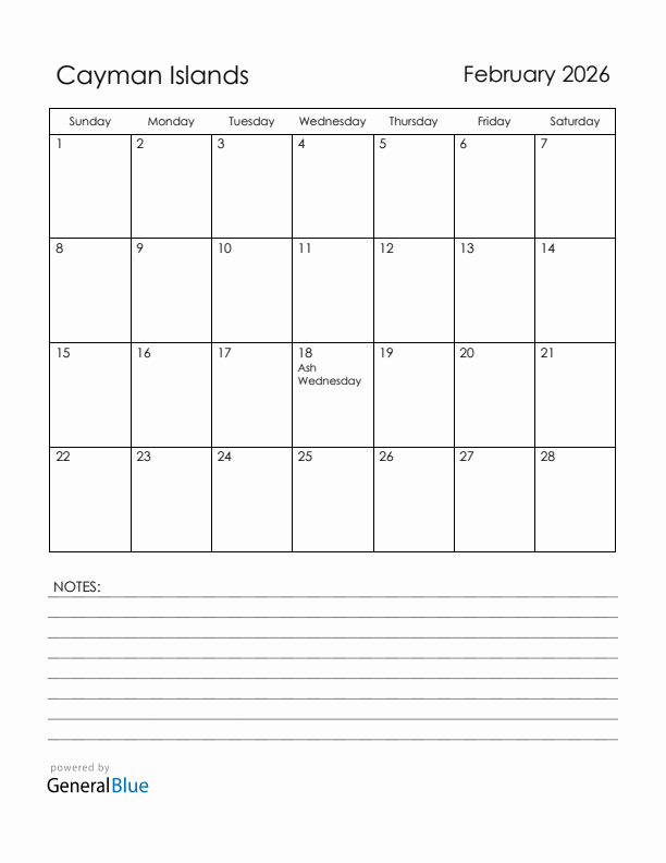 February 2026 Cayman Islands Calendar with Holidays (Sunday Start)