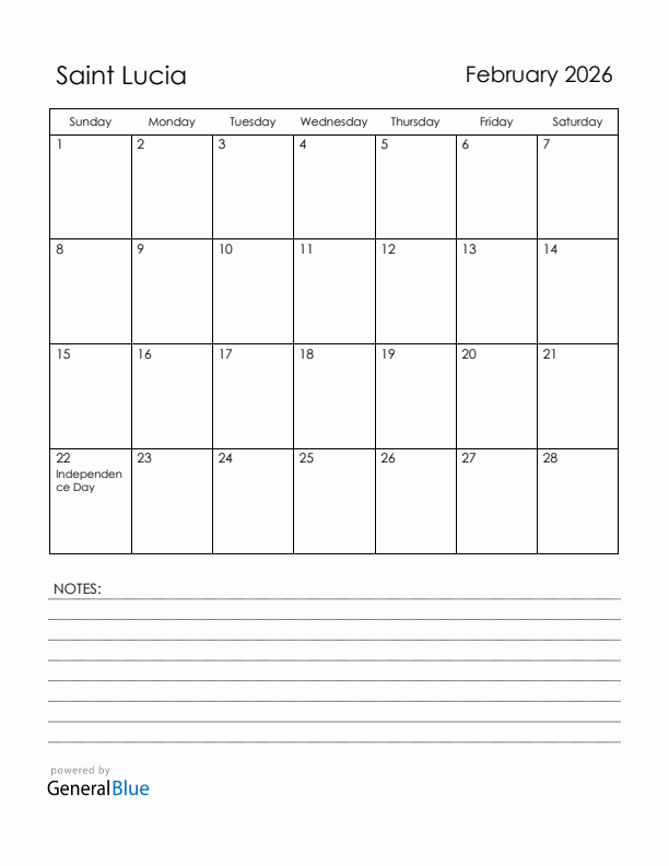 February 2026 Saint Lucia Calendar with Holidays (Sunday Start)