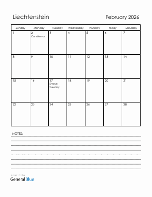 Current month calendar with Liechtenstein holidays for February 2026