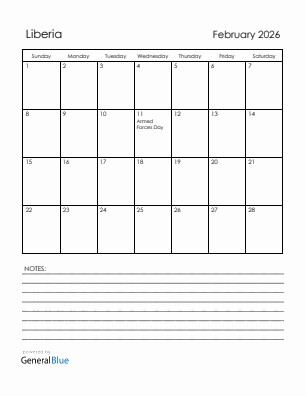 Current month calendar with Liberia holidays for February 2026