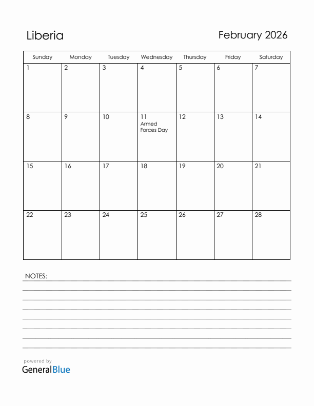 February 2026 Liberia Calendar with Holidays (Sunday Start)