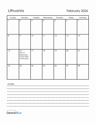 Current month calendar with Lithuania holidays for February 2026