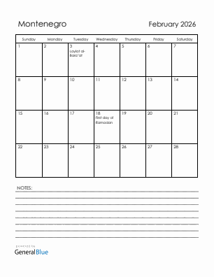 Current month calendar with Montenegro holidays for February 2026