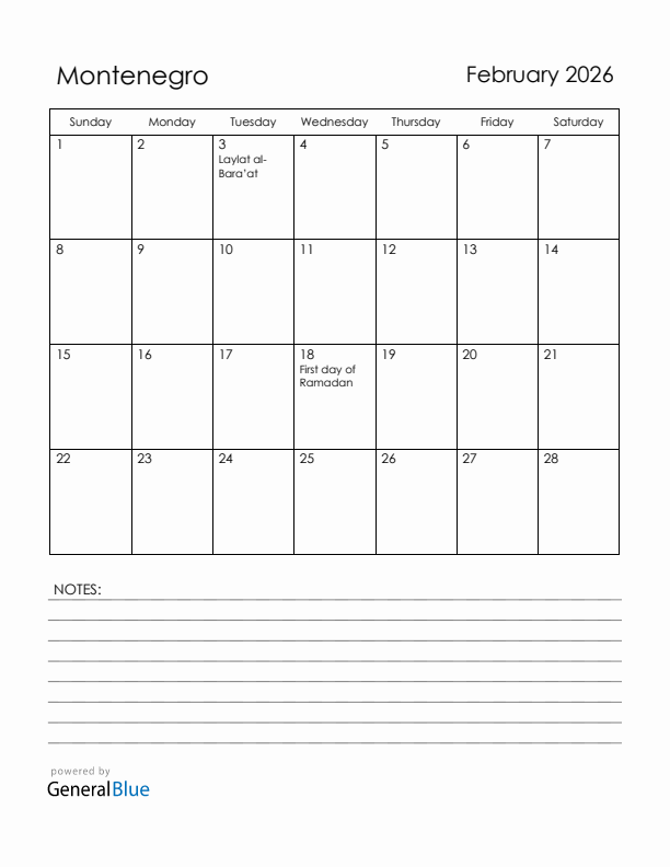 February 2026 Montenegro Calendar with Holidays (Sunday Start)