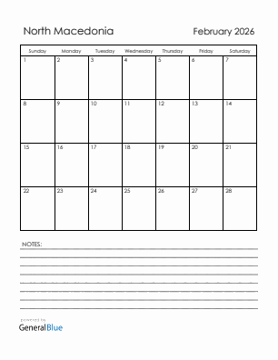 Current month calendar with North Macedonia holidays for February 2026