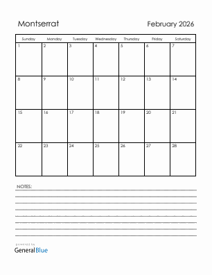 Current month calendar with Montserrat holidays for February 2026