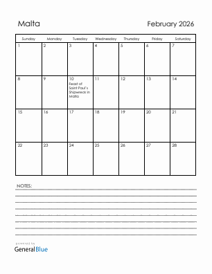 Current month calendar with Malta holidays for February 2026