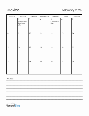 Current month calendar with Mexico holidays for February 2026