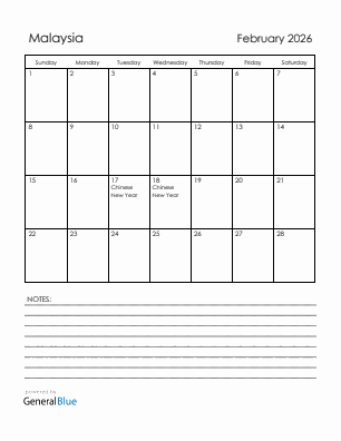 Current month calendar with Malaysia holidays for February 2026