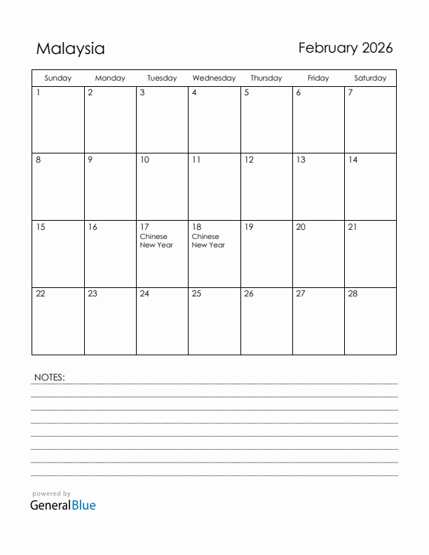 February 2026 Malaysia Calendar with Holidays (Sunday Start)