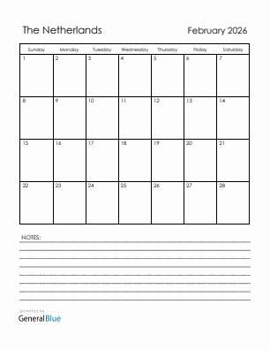 Current month calendar with The Netherlands holidays for February 2026
