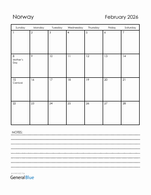 Current month calendar with Norway holidays for February 2026