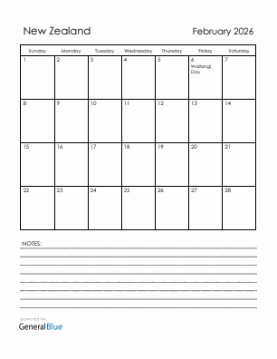 Current month calendar with New Zealand holidays for February 2026