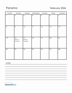 Current month calendar with Panama holidays for February 2026