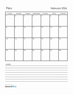 Current month calendar with Peru holidays for February 2026