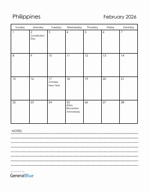 Current month calendar with Philippines holidays for February 2026