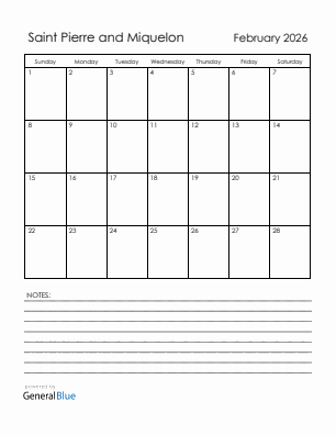 Current month calendar with Saint Pierre and Miquelon holidays for February 2026
